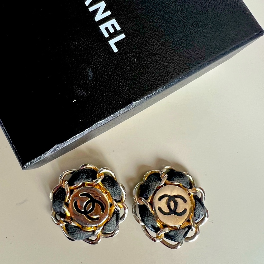 Chanel Authentic Vintage Large CC Logo Braided Leather Clip On Earrings.